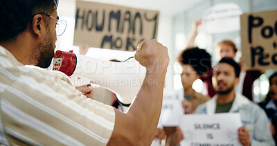 Buy stock photo Social justice, protest and people with megaphone, opinion or community with movement for awareness. Revolution, group and loudspeaker for announcement of human rights, attention and demonstration