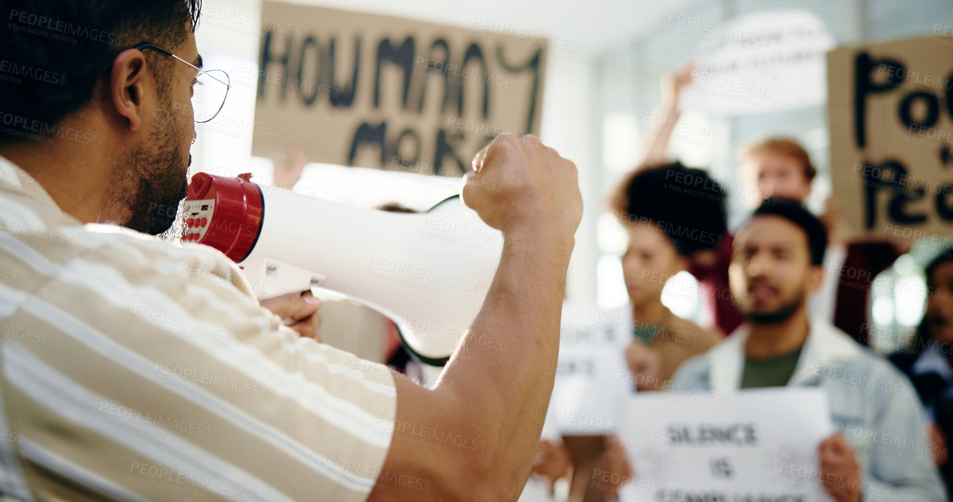Buy stock photo Social justice, protest and people with megaphone, opinion or community with movement for awareness. Revolution, group and loudspeaker for announcement of human rights, attention and demonstration