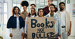 Protest, poster and activist with portrait of students for school shooting, awareness and justice. Community, gun violence and revolution with people and sign for peace, honor and memory of victims