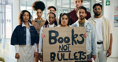 Buy stock photo Protest, poster and activist with portrait of students for school shooting, awareness and justice. Community, gun violence and revolution with people and sign for peace, honor and memory of victims