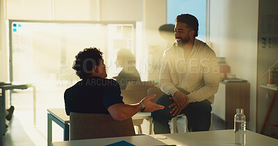 Buy stock photo University, student and men in classroom, discussion and preparing for exam, lens flare and talking. Happy, people and conversation with classmate in college, education and help for test or advice