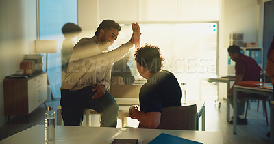 Buy stock photo School, students and friends high five in classroom for assignment, good results and pass test. College, university and men with hand gesture to celebrate for learning, education and exam success