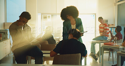 Buy stock photo Woman, lecturer and students with smile in class for education, results and knowledge. Teacher, people and excited for lesson success, scholarship and lecture advice with exam schedule at university