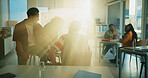 University, student and men in classroom, education and preparing for exam, talking or conversation. Lens flare, pupil and planning for test with classmate, people and friends with advice in college