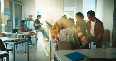 Buy stock photo Education, lecture and friends or students in classroom for discussion, college or exam feedback. University lesson, scholarship opportunity or support with people on campus for test report and flare