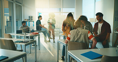 Buy stock photo Education, lecture and relax with students in classroom for discussion, college or exam feedback. University lesson, scholarship opportunity and support with group of people on campus for test report