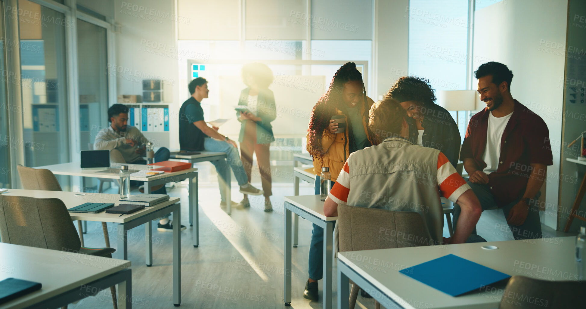 Buy stock photo Education, lecture and relax with students in classroom for discussion, college or exam feedback. University lesson, scholarship opportunity and support with group of people on campus for test report