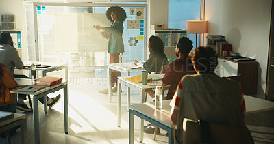 Buy stock photo Education, question and teacher with students in classroom for discussion, college or exam feedback. University lesson, scholarship opportunity and support with people learning on campus with flare