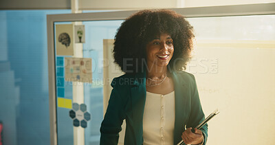 Buy stock photo Woman, lecturer and tablet with smile in class for education, learning and knowledge. Teacher, whiteboard and digital tech for lesson, teaching course and lecture with exam schedule at university