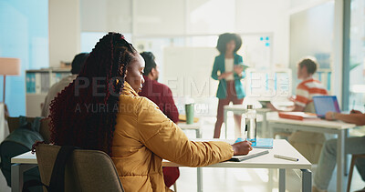 Buy stock photo Education, back and writing with student in classroom for discussion, college or exam feedback. University lesson, scholarship opportunity and lecture with people learning on campus with professor