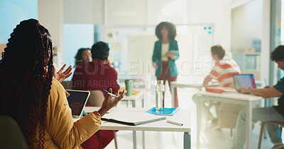 Buy stock photo Talking, professor and lecture with students in classroom for college, learning and lesson notes. University, education and teaching with people on campus for assignment research and curriculum