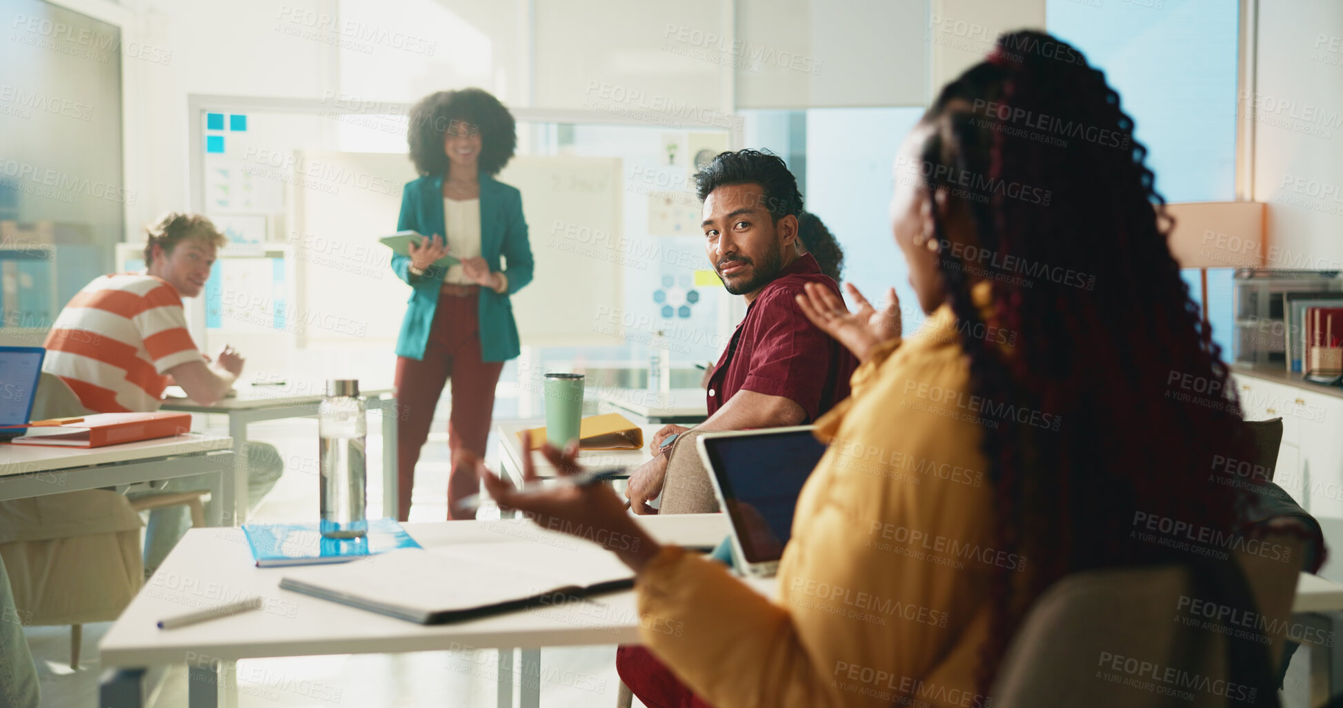 Buy stock photo Student, woman and question in classroom at college with learning, notes and professor for education. Person, back and attention with scholarship, gesture and solution with discussion at university