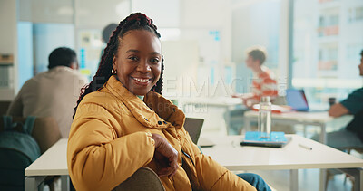 Buy stock photo Portrait, students and woman in class, university and smile with learning, academy and development. Happy person, higher education and scholarship with college, growth and studying with knowledge