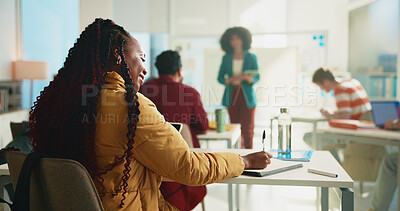 Buy stock photo Writing, professor and lecture with students in classroom for college, learning and lesson notes. University, education and teaching with people on campus for assignment research and curriculum