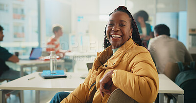 Buy stock photo Portrait, students and woman with smile, university and academy with learning, funny and development. People, higher education and scholarship with college, laughing and knowledge with happiness