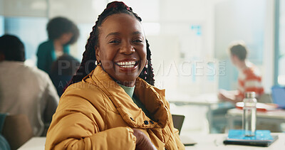 Buy stock photo Portrait, students and woman in class, college and smile with learning, creativity and development. People, group and scholarship with growth, academy and knowledge with education and university