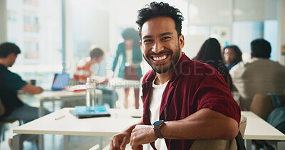 Buy stock photo Portrait, students and man with smile, university and growth with learning, creativity and development. People, academy and scholarship with college, success and knowledge with education and campus