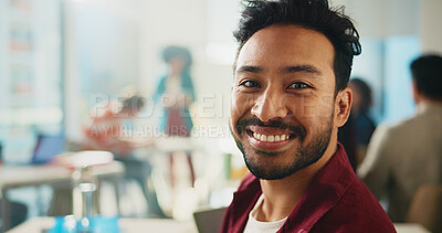 Buy stock photo Portrait, student and man in class, university and smile with learning, creativity and knowledge. Face, happy person and scholarship with college, growth and studying with education and academy