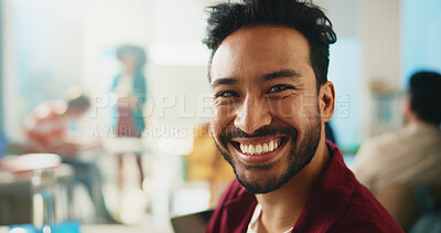 Buy stock photo Portrait, student and man in classroom, education or confident for knowledge in university or learn. Happy, pupil and person with scholarship for course, pride and smile for lesson in college and USA