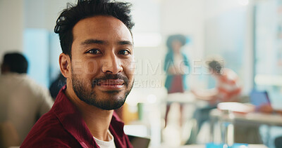 Buy stock photo Portrait, student and man in classroom, education or scholarship for studies, confident and college. University, academic or person with opportunity to learn, space and knowledge in academy or Canada