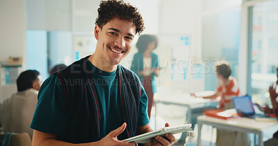 Buy stock photo Tablet, learning and portrait of happy man in university classroom for study or development. Tech, student and person in college for knowledge, scholarship or research project online for education
