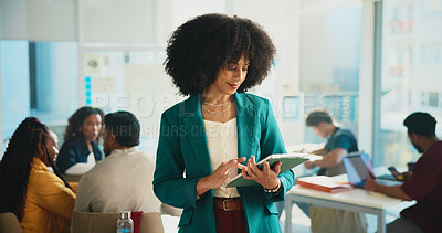 Buy stock photo Woman, professor and students with tablet in class for education, learning and knowledge. Teacher, people and exam prep for lesson, scholarship and lecture advice with project schedule at university