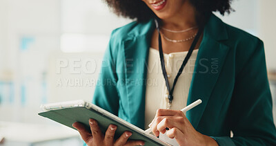 Buy stock photo Online, employee and hands with tablet in business, graphic designer or creative for brand identity. Stylus, illustration and person with tech for web design, artist and editing on app in office