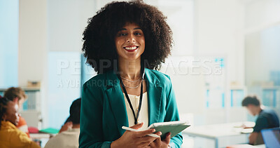 Buy stock photo Woman, professor and tablet in portrait, classroom and happy for career, education and students at college. Person, teacher and tech with application for lecture, lesson and curriculum at university