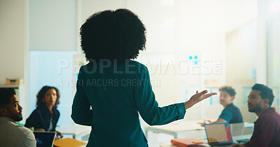 Buy stock photo University, woman and education with students, back and feedback with conversation. People, group and lecturer with discussion, college and learning with knowledge, exam advice and teaching course