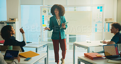 Buy stock photo Woman, lecturer and tablet with question in class for education, learning and knowledge. Teacher, whiteboard and digital tech for lesson, teaching course and lecture with exam schedule at university