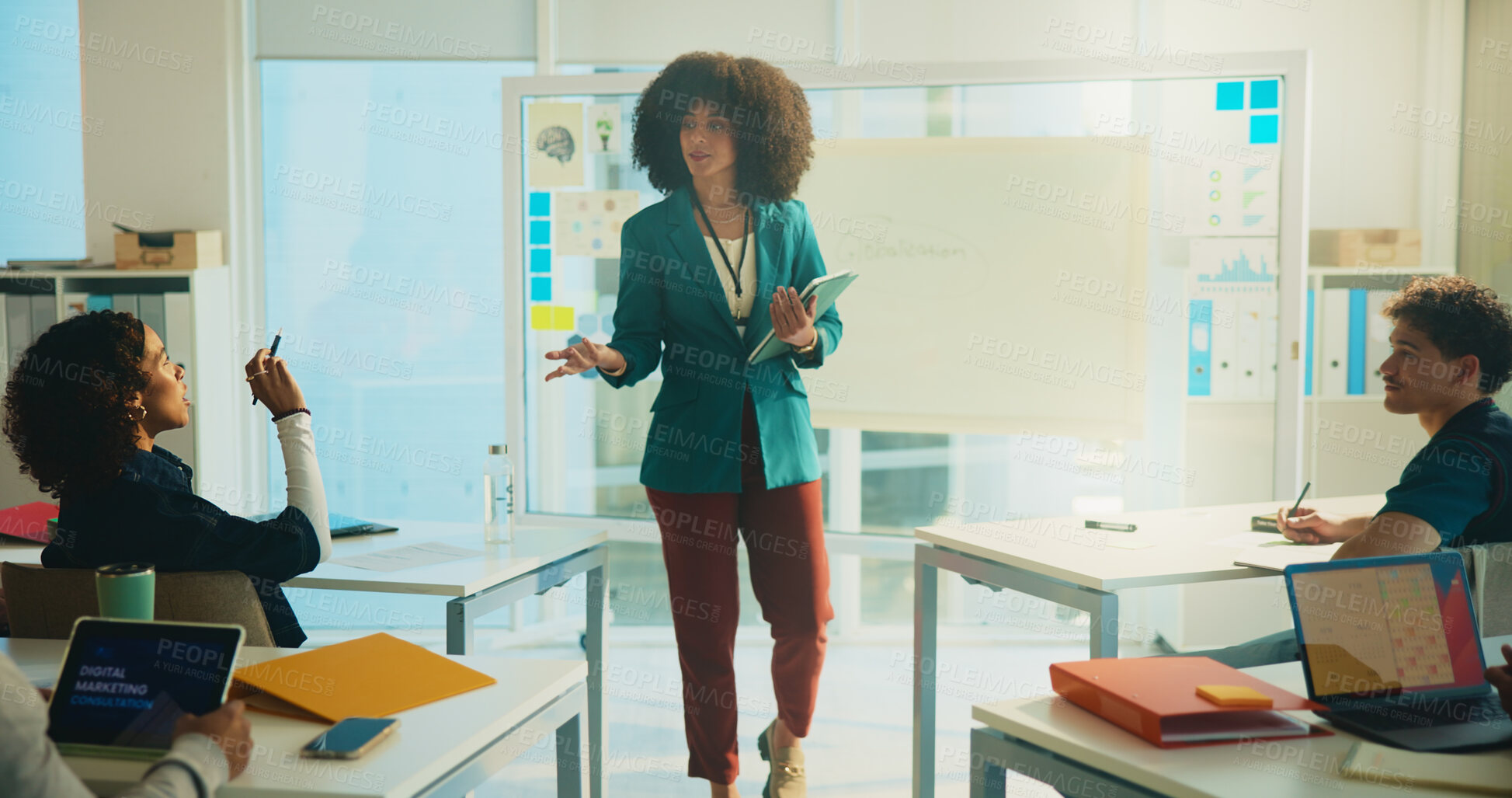Buy stock photo Woman, lecturer and tablet with question in class for education, learning and knowledge. Teacher, whiteboard and digital tech for lesson, teaching course and lecture with exam schedule at university
