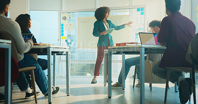 Buy stock photo College, lecturer and education with students, woman and feedback with communication. People, tablet and teacher with discussion, university and learning with knowledge, exam schedule and teaching