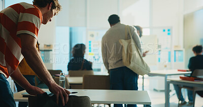 Buy stock photo Learning, start lecture and students in classroom for studying, development or knowledge in college. University, education and group begin lesson with arrival of people at campus with back view