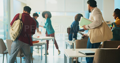 Buy stock photo Education, start lecture and students in classroom for studying, development or knowledge in college. University, learning and group begin lesson with arrival of people at campus with back view