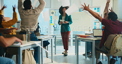 Buy stock photo Students, throw paper and celebration in classroom with teacher, success and achievement at university. College professor, men and women with exam documents, test results and goals with education