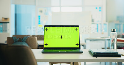Buy stock photo Empty, school and laptop with green screen, desk or display for exam in classroom, education or web. Online, computer and digital app for test in university, mockup space and technology in academy