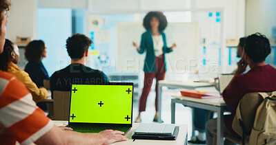 Buy stock photo Green screen, laptop and lecture with students in classroom for college portal, learning and lesson notes. University, education and teaching with people on campus for assignment research and mockup