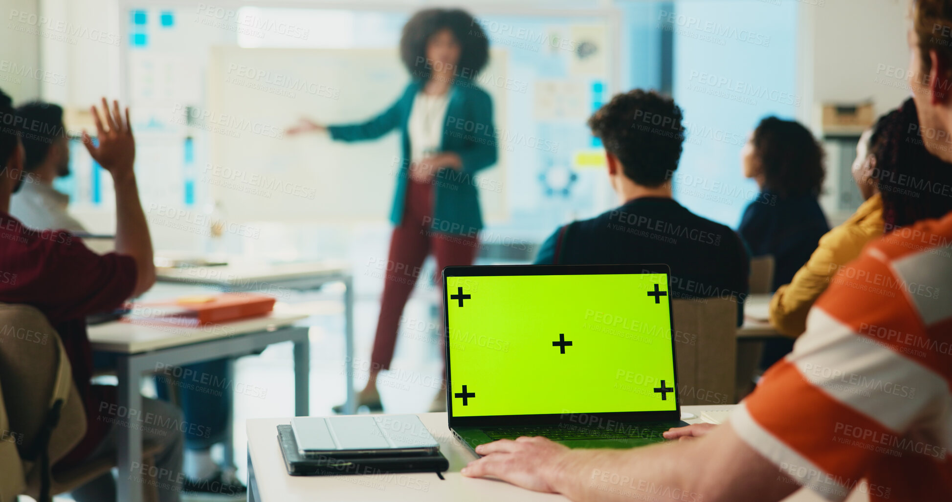 Buy stock photo Green screen, laptop and learning with students in classroom for college portal, lecture and lesson notes. University, education and teaching with people on campus for assignment research and mockup