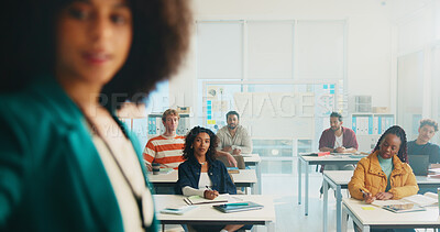 Buy stock photo Teacher, students and learning in university classroom for lecture, knowledge and presentation. College, teaching and people in lesson with professor for development, info and study for education