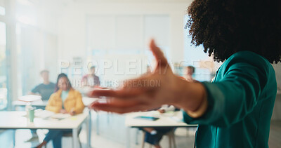 Buy stock photo Teaching, education and woman in classroom for presentation, university knowledge or course. College teacher, learning or students in lesson with professor for development, study and hand for lecture