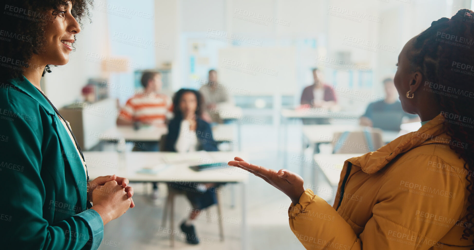 Buy stock photo Classroom, teacher and listening to student, presentation or smile for oral in college or education. Talking, pupil and people with knowledge in university, speaker or answer for lesson or discussion