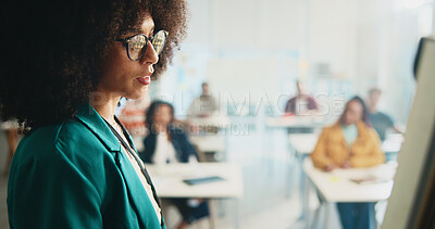Buy stock photo Professor, students and woman with teaching at board for education, explain coursework or learning. College, people or curriculum discussion in class for exam support, academic revision and lecture