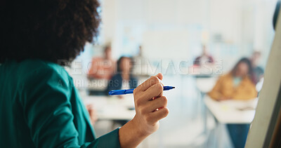 Buy stock photo Hands, board or professor with students in lecture for education, explain coursework or tutorial. College, people or curriculum discussion in class for learning, exam preparation or academic revision