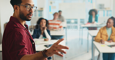 Buy stock photo University, lecturer and education with students, man and feedback with conversation. People, group and teacher with discussion, college and learning with knowledge, exam schedule and teaching course