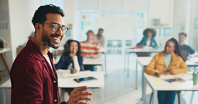 Buy stock photo University, discussion and education with students, man and learning with feedback. People, group and teacher with development, college and presentation with knowledge, exam schedule or communication