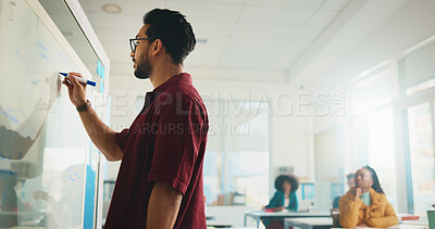 Buy stock photo Students, lecturer and writing on board in lecture for education, globalization module or revision. University, people and discussion in lesson for economic integration, exam preparation or knowledge