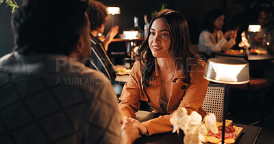 Buy stock photo Date, care and couple holding hands at restaurant for love, bonding or connection at night. Fine dining, man and woman with romance for relationship, marriage commitment and support with partner