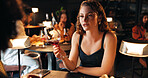 Woman, wine glass and conversation on date at restaurant with partner, bonding and relationship. Girl, couple and alcohol beverage with discussion, relax and romantic night with drink at diner