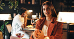 Talking, wine and date with woman in restaurant for conversation, romance and fine dining at night. Anniversary event, trust and marriage with female person at table for loyalty, speaking and chat