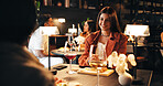 Smile, date and relax with woman in restaurant for romantic anniversary, bonding and fine dining chat. Connection, love and marriage commitment with couple at night for dinner reservation and support